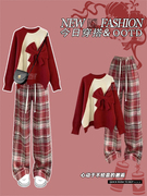 红色蝴蝶结针织毛衣女(毛衣女，)冬季慵懒风设计感小众高腰直筒格子裤子