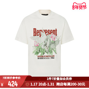 REPRESENT 纯色花卉和平鸽图案印花复古做旧男士圆领短袖T恤