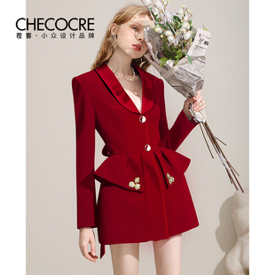 茬客设计感小众红色西装裙年会气质性感露背系带收腰宴会西服外套