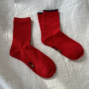 两只袜子外贸店 绢丝红袜子纯棉红袜子男袜女袜中筒袜本命年