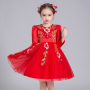 女童连衣裙秋冬款长袖公主裙3-13岁中大童装礼服裙演出服红色裙子