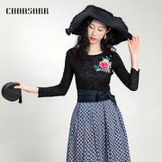 香莎chansarr复古典雅黑色绣花上衣，镂空透气修身显瘦气质蕾丝衫
