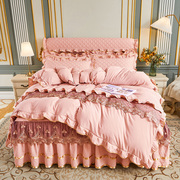 网红款水洗棉夹棉床裙床上四件套公主风加厚床罩蕾丝花边被套床单