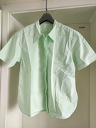 春夏出口外单小清新薄荷绿色，挺括宽松全棉布短袖衬衫衬衣上衣