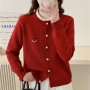 本命年加厚红色毛衣女款2024冬季秋冬蕾丝领针织开衫外套
