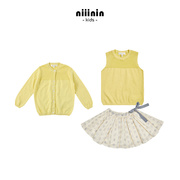 niiinin丨气质显白薄款女童奶酪，黄针织(黄针织)开衫+针织背心+印花半身裙