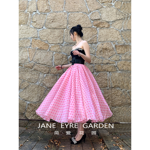简爱花园复古风粉色欧根纱水珠点蓬蓬伞裙法式甜美半身裙JA111