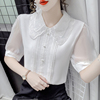 2023夏装韩版娃娃领白色衬衫镂空短袖雪纺衫女上衣洋气小衫