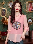 新中式刺绣衬衫国风女装长袖，春秋雪纺小衫拼接时尚假两件上衣