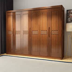 全实木衣柜现代简约家用卧室原木衣橱六门经济型中式大容量储物柜