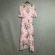 欧美时尚夏季仙气质印花收腰中长裙不规则薄款粉色连衣裙