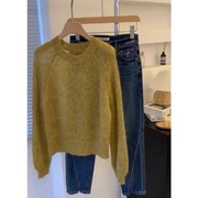 黄色马海毛慵懒高级感毛衣，女装早秋季2023小个子，软糯套头上衣