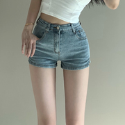 欧美辣妹紧身牛仔短裤，女夏季弹力高腰小个子大码包臀，热裤超短裤子