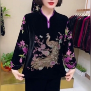 重工镶钻洋气妈妈金丝绒烧花上衣宽松遮肉民族风小衫阔太太打底衫
