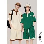 mope美式polo套装男夏季短袖短裤一套搭配情侣款休闲时尚运动服