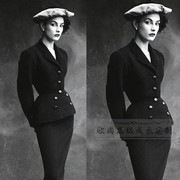 高级定制1950S优雅复古黑色羊毛西装套装裙女修身显瘦赫本风长款