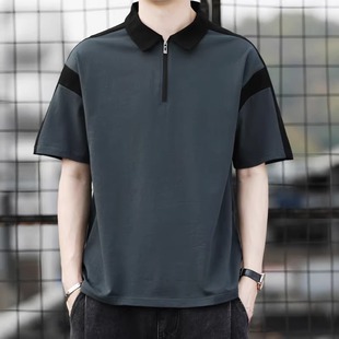 短袖t恤男polo衫男夏季设计感拉链套头拼接撞色翻领体恤男装半袖