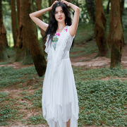 说梦缘民族风连衣裙无袖纯白色刺绣夏季雪纺仙女长裙中国风裙子