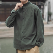 中国风男装纯色衬衫，男士长袖中式复古唐装春秋，棉麻青年中山装外套