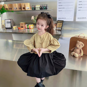 韩系童装女童连衣裙套装春新洋气时尚背心裙卡其色泡泡袖短款外套