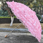 粉色立体花蕾丝太阳伞黑胶，防晒遮阳防紫外线，二折晴雨两用公主洋伞