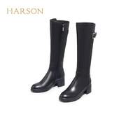 ha227171哈森2022冬季粗跟圆头，时尚舒适牛皮，骑士靴长靴高筒靴