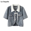拉夏贝尔/La Chapelle国风盘扣短袖牛仔外套女夏季披肩外搭上衣
