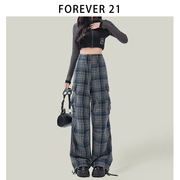 forever21灰蓝格子工装休闲裤，女冬高腰显瘦显高口袋设计阔腿裤子