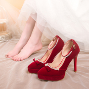 防水台婚鞋女2023年酒红色新娘，鞋绒面高跟鞋一字，扣中式秀禾鞋