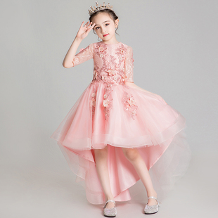 儿童礼服公主裙花童婚纱粉色，女童钢琴演出服，主持人晚礼服洋气秋冬