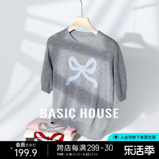 Basic House/百家好绵羊毛圆领针织衫女夏季甜美风蝴蝶结短袖上衣