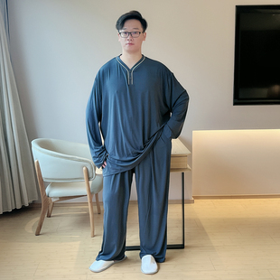 睡衣男士春秋季莫代尔长袖套头家居服男款加肥薄款冰丝加大码套装