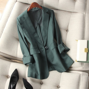 气质墨尔本绿色薄款西装2020春夏修身棉麻西装外套女七分袖