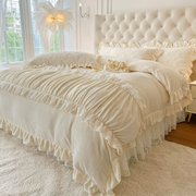 夹棉床盖公主风牛奶绒四件套，冬季加厚花边，被套珊瑚绒蕾丝床单床品