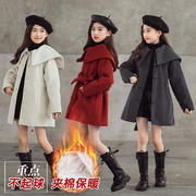 女童大中童外套红色2022中长款呢大衣，儿童洋气夹棉毛呢冬大衣