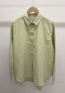 女士外贸tt灰绿色纯色弧形下摆，两侧开叉宽松直筒，纯棉长袖衬衫