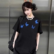 黑色蝴蝶印花短袖t恤男女款夏季美式复古国潮牌宽松上衣情侣半袖