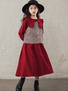 春秋法式马甲两件套女孩中大童长袖连衣裙长裙2024女童娃娃领