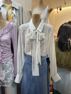 春季时尚韩版复古韩国东大门透视气质通勤波点雪纺绑带设计衬衣女