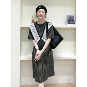 夏季大码女装韩版时尚蕾丝拼接条纹显瘦中长款针织T恤连衣裙