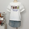 韩国东大门夏季袖口拼接网布透气甜美减龄卡通，猫头鹰印花短袖t恤