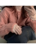 针织开衫女2024年秋春慵懒风粉色，麻花毛衣女(毛，衣女)宽松外穿外套加厚