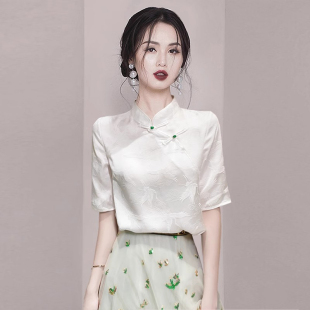 夏季新中式国风白色立领盘扣，提花雪纺短袖衬衫女小衫气质上衣