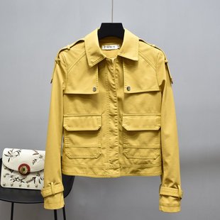 2023春秋季款黄色长袖，皮衣女短款皮夹克外套，修身百搭韩版休闲磨砂