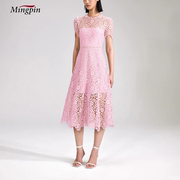 夏季连衣裙女高雅气质圆领镂空蕾丝高腰修身显瘦拼接短袖粉色长裙