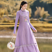 花制作新中式花开有时原创国风刺绣连衣裙，设计感修身天丝长裙