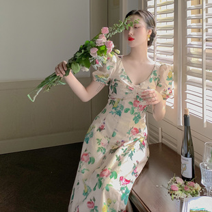 麓津自制《雷杜德花园》系列款 印花法式复古高腰夏季初恋连衣裙