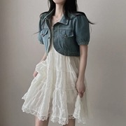 韩国chic夏季甜美超仙褶皱蕾丝，吊带连衣裙+牛仔，短袖短外套两件套