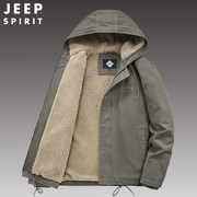 jeep男士加绒外套秋冬季夹克宽松短款连帽羊羔绒棉衣中年加厚棉服