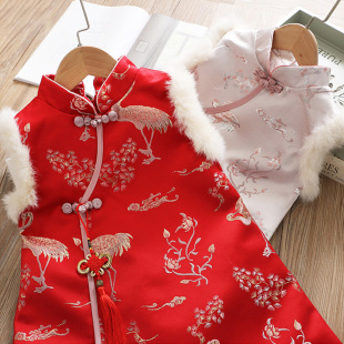 汉服女童冬装夹棉加厚红色，中国风旗袍裙儿童唐装，马甲拜年服宝宝